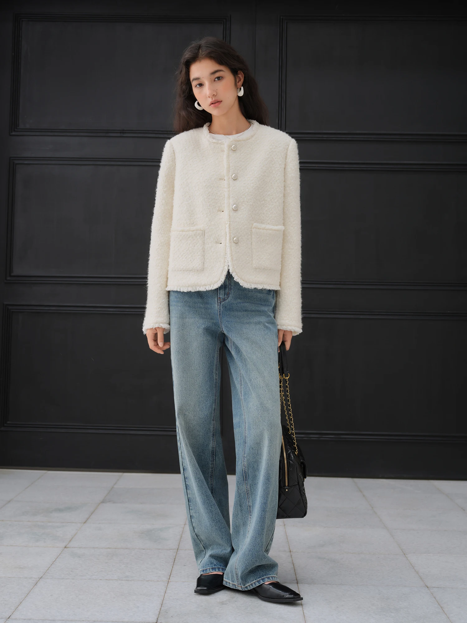 French Style Wool Sequined Jacket - Elegant White Straight Shoulder - Image 2