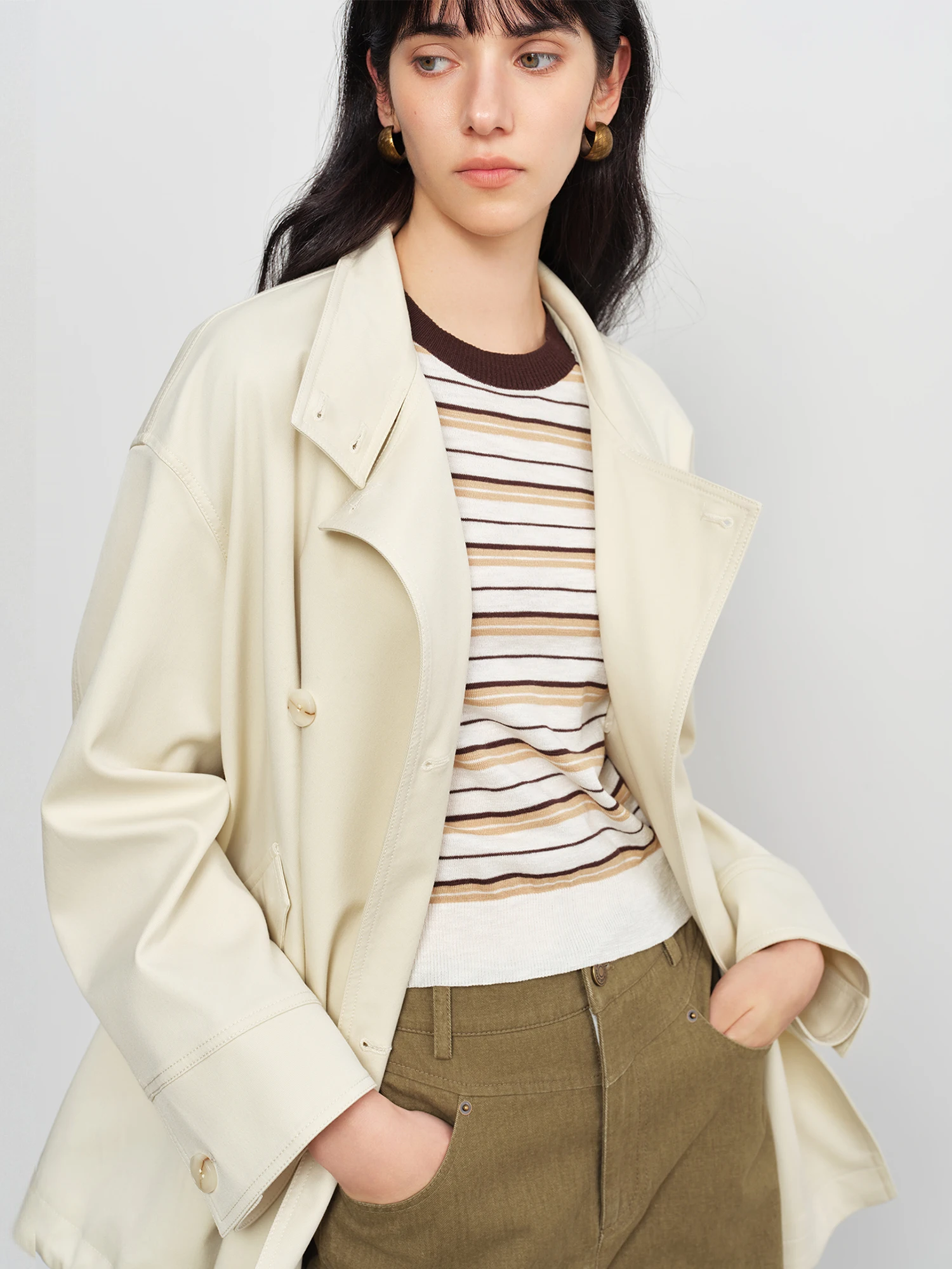 Petite Double Breasted Trench Coat - Stand Collar Spring Outerwear - Image 3