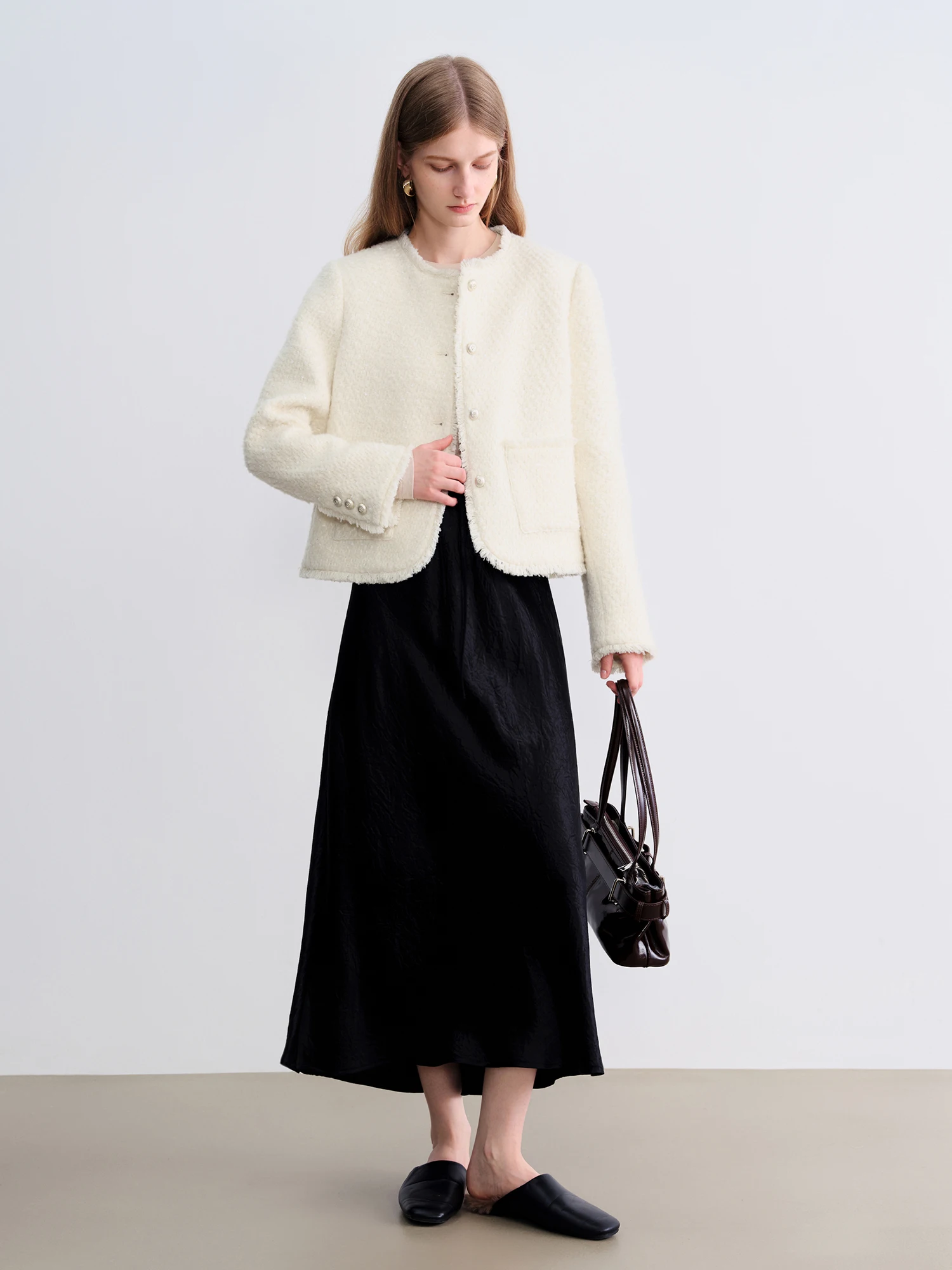 French Style Wool Sequined Jacket - Elegant White Straight Shoulder - Image 4