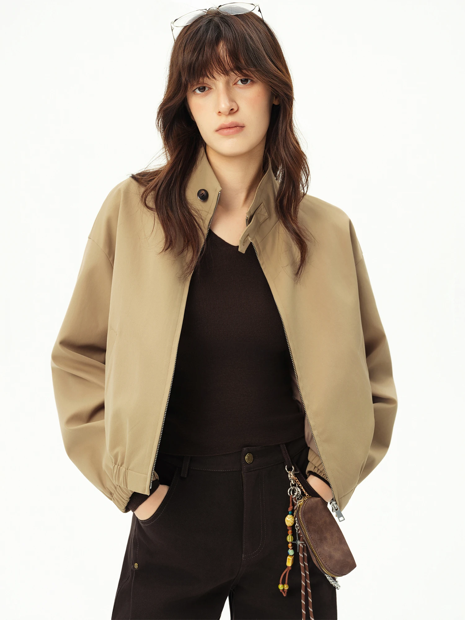 Women's Khaki Harrington Jacket | Cropped Workwear Zip-Up Coat - Image 2