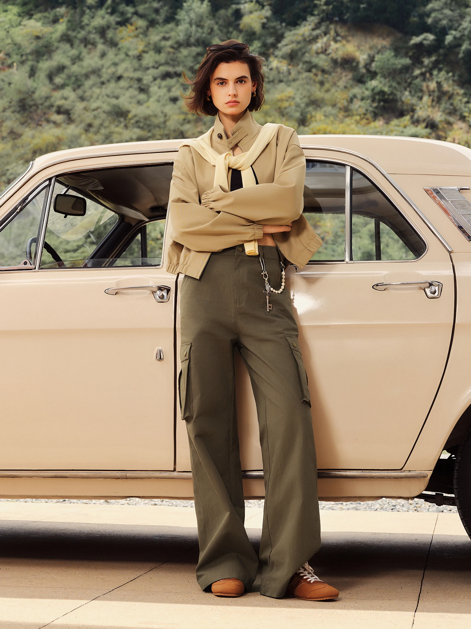 Women's Khaki Harrington Jacket | Cropped Workwear Zip-Up Coat - Image 3