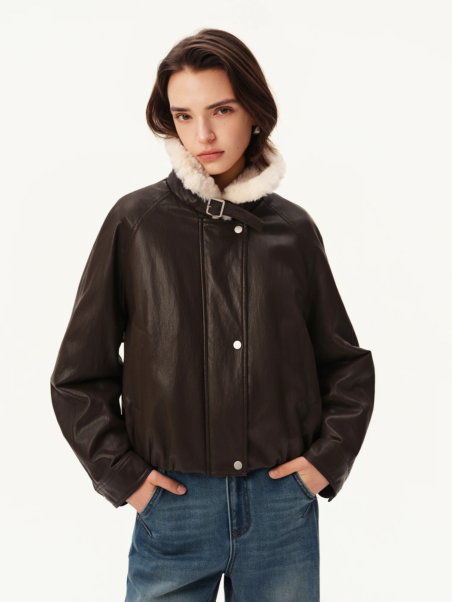 Women's Vintage PU Leather Short Coat - Faux Fur Winter Outerwear - Image 3