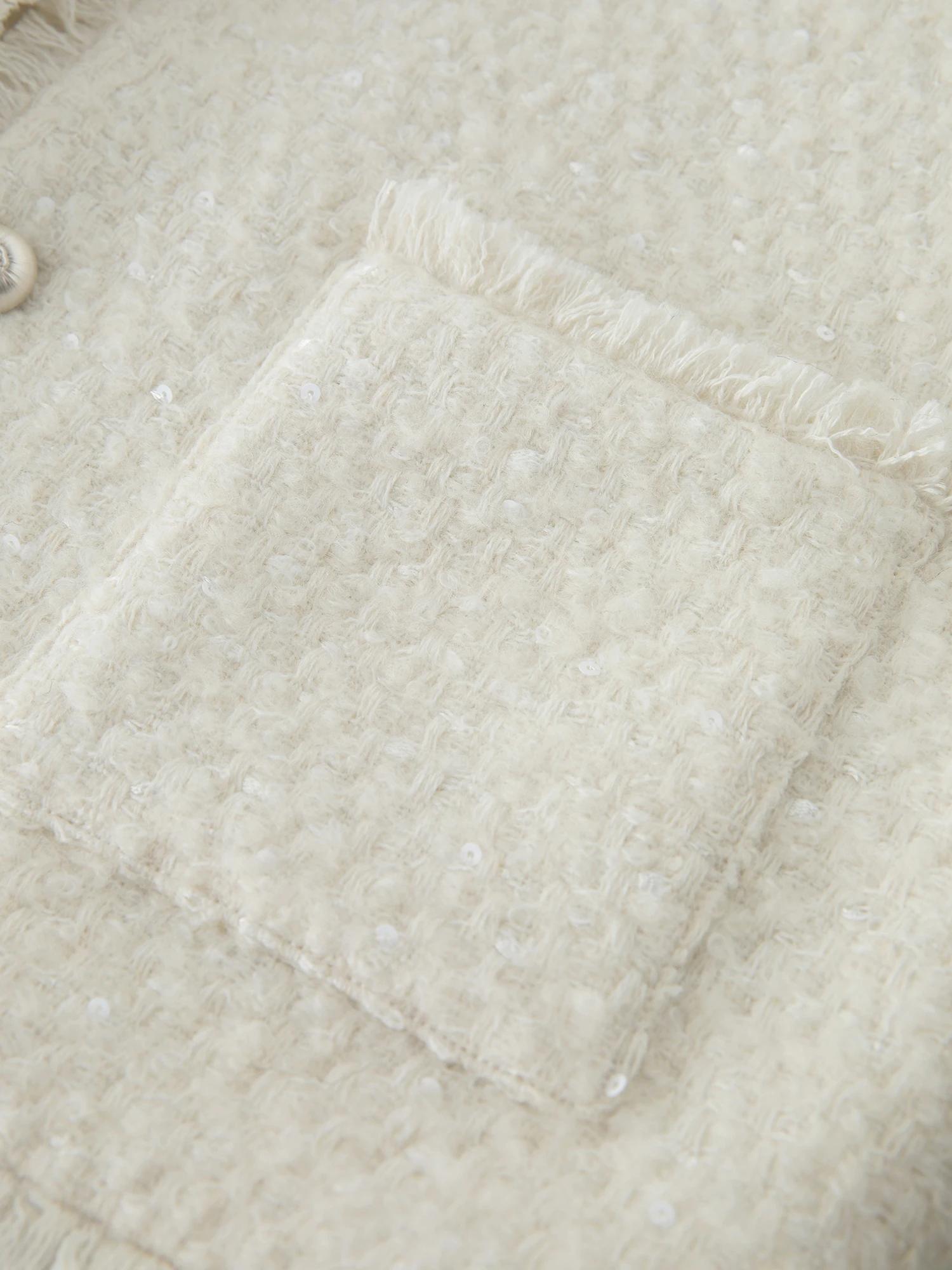 French Style Wool Sequined Jacket - Elegant White Straight Shoulder - Image 5