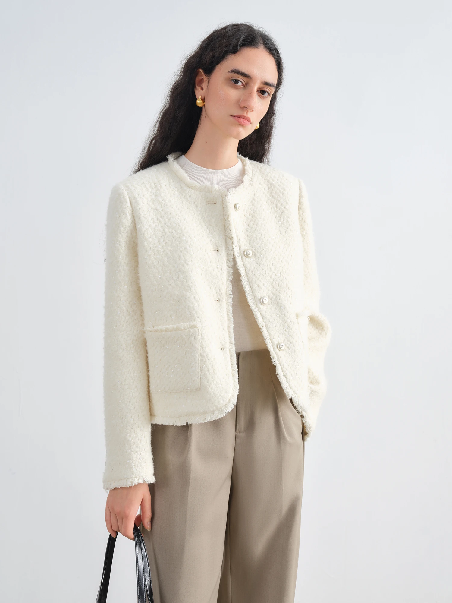 French Style Wool Sequined Jacket - Elegant White Straight Shoulder - Image 3
