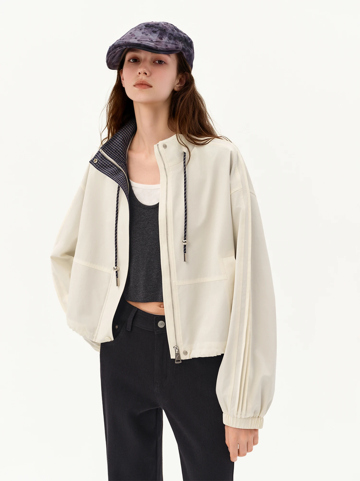 Women's Plaid Patchwork Cropped Windbreaker - Streetwear Outerwear - Image 3