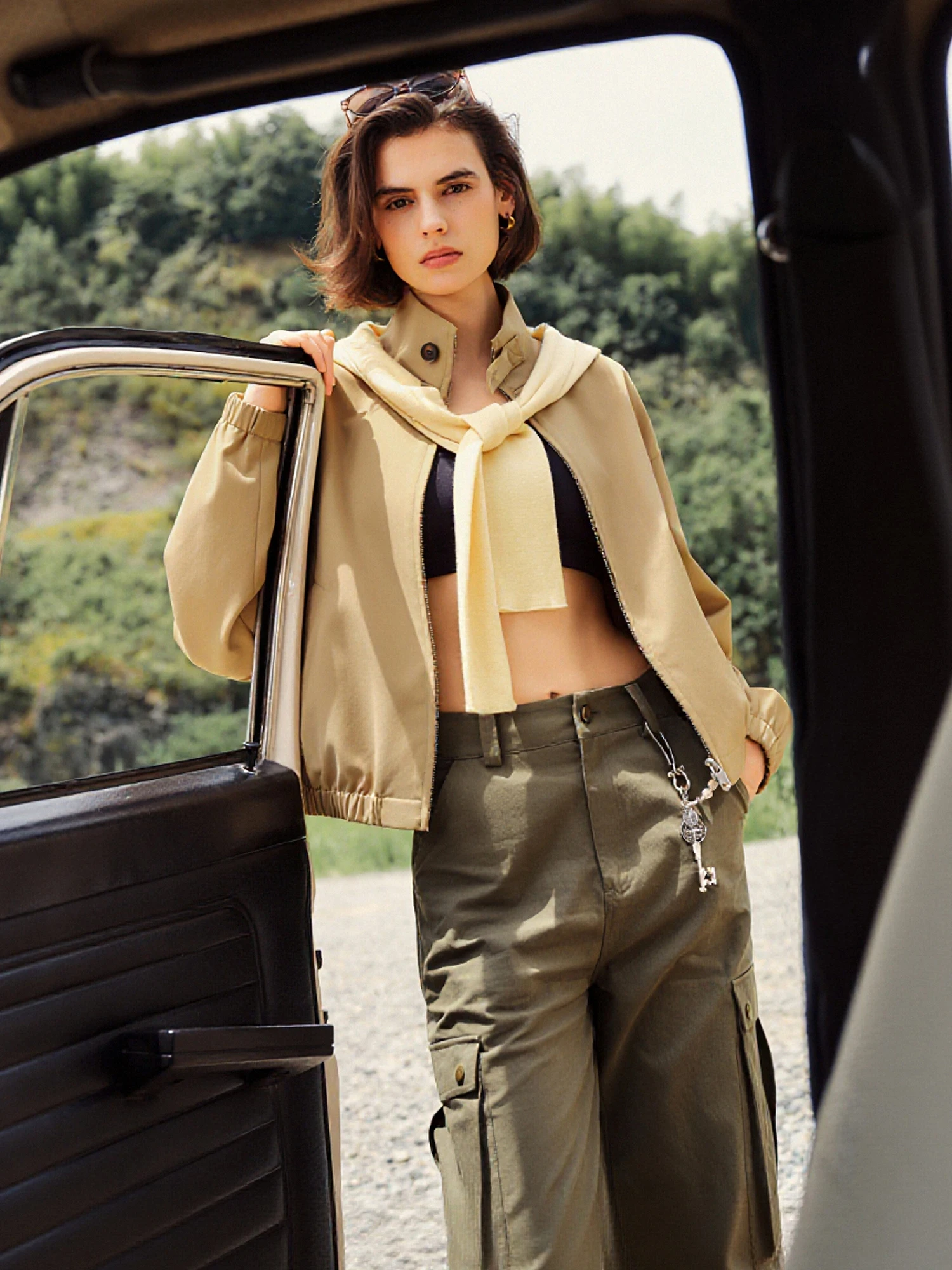 Women's Khaki Harrington Jacket | Cropped Workwear Zip-Up Coat - Image 5