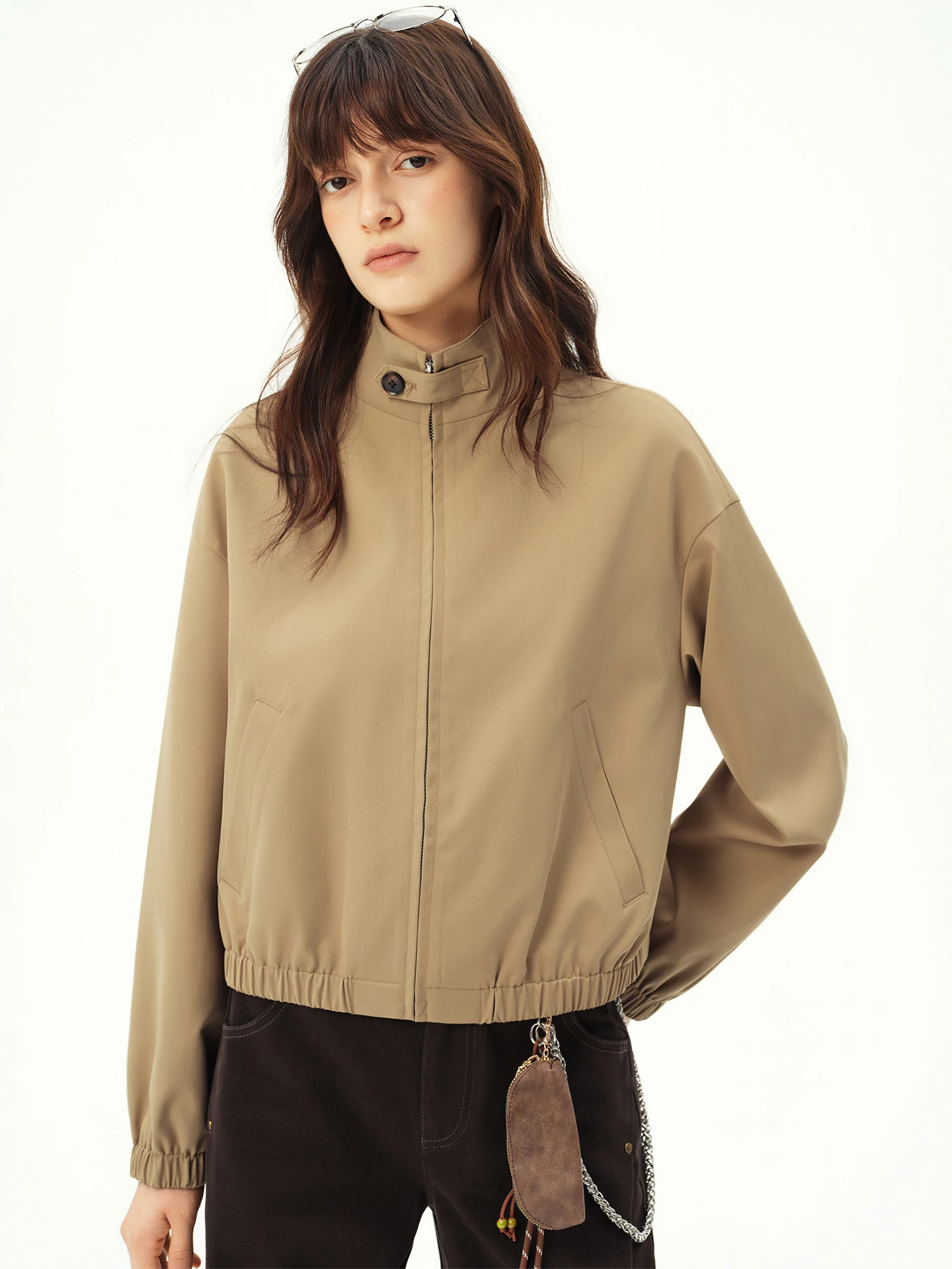 Women's Khaki Harrington Jacket | Cropped Workwear Zip-Up Coat - Image 4