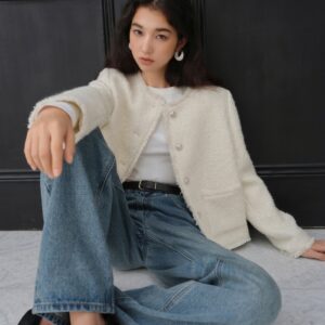 French Style Wool Sequined Jacket - Elegant White Straight Shoulder