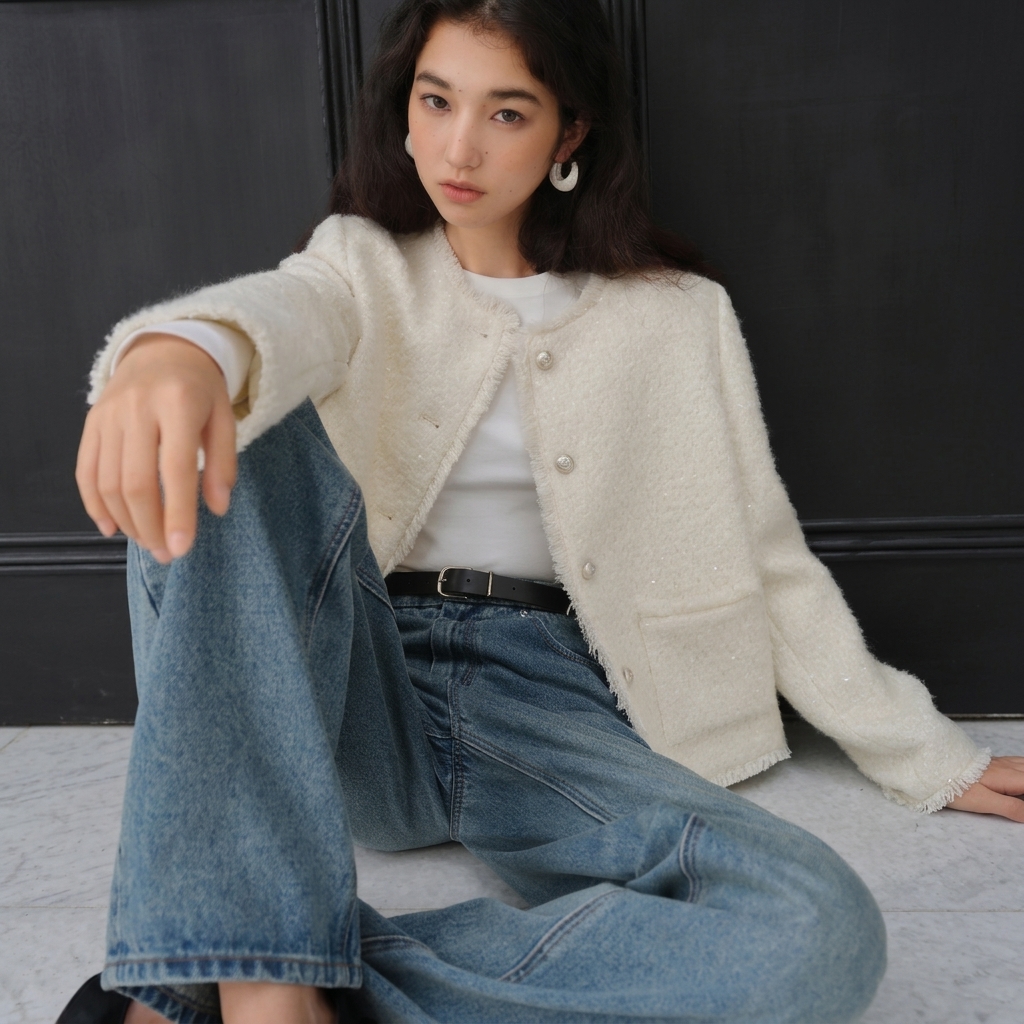 French Style Wool Sequined Jacket - Elegant White Straight Shoulder