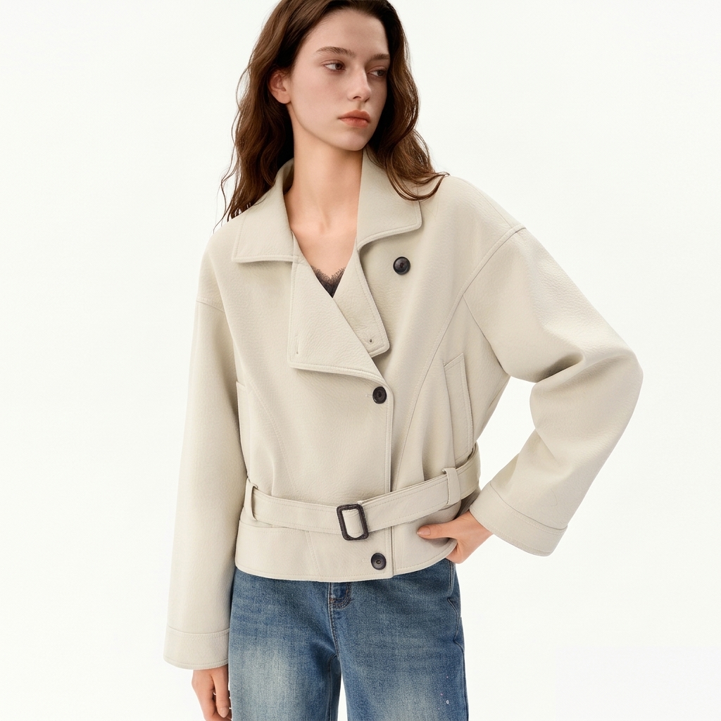 Women's Faux Sheepskin Motorcycle Jacket - Waist-Cinching Commute Coat