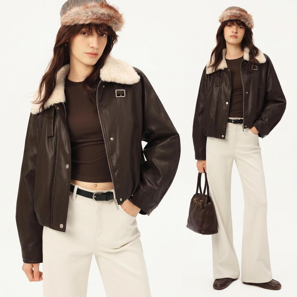 Women's Vintage PU Leather Short Coat - Faux Fur Winter Outerwear