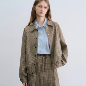 Women's Houndstooth Pleated Jacket - Casual College Style Autumn Coat