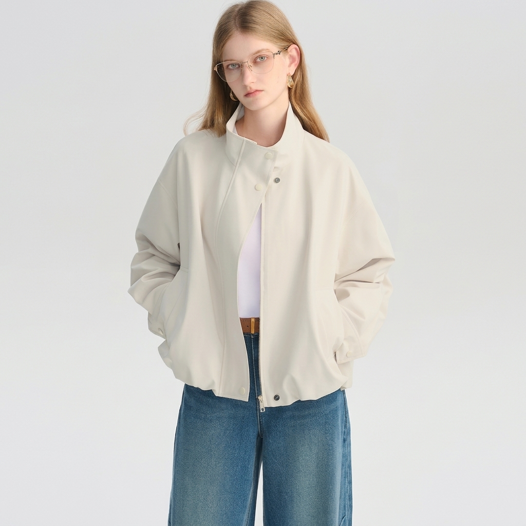 Women's Cropped Stand Collar Jacket - Lightweight Casual Layering