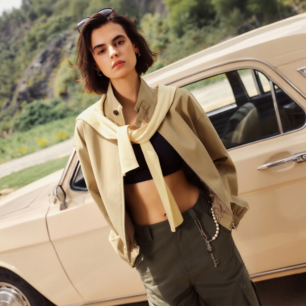 Women's Khaki Harrington Jacket | Cropped Workwear Zip-Up Coat